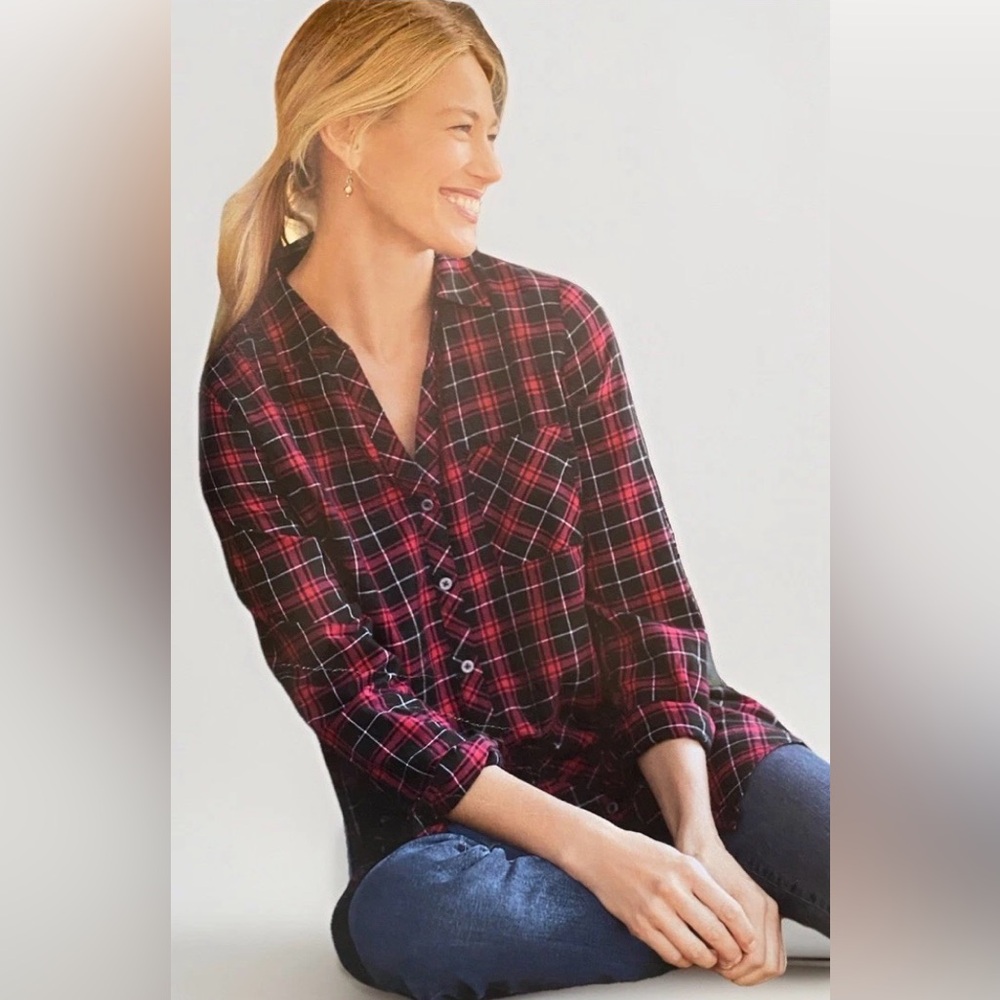 J. Jill Small Red & Black Mixed Plaid Button-Down Round Hem Long Tunic Top